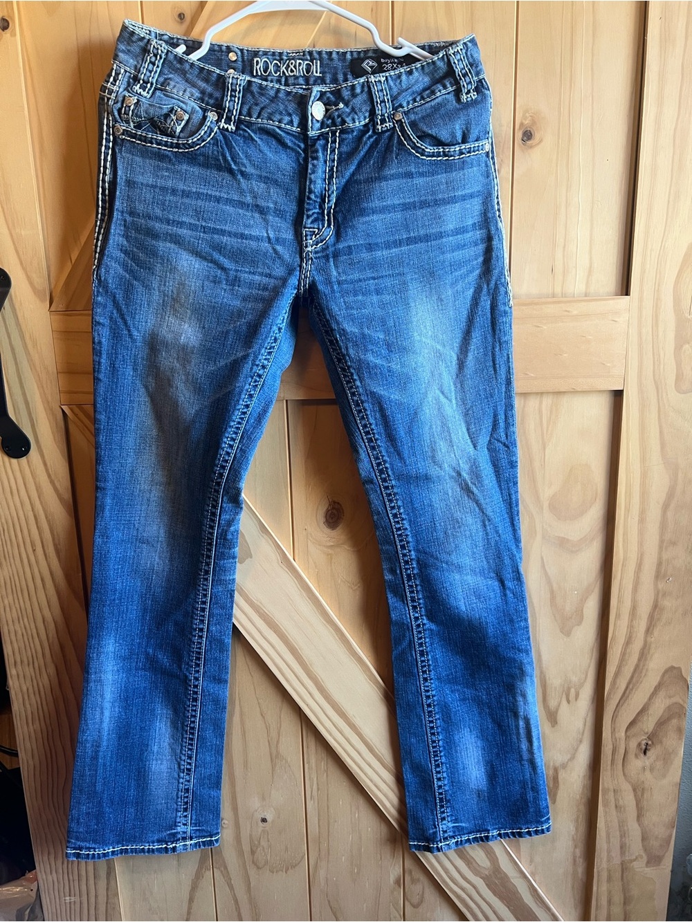 Rock & Roll Cowgirl Indigo Blue Boyfriend Jeans Thick Stitching Embroidered Y2K